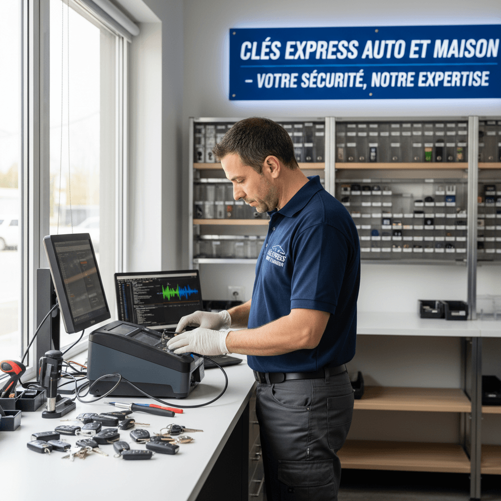 Technician in a locksmith workshop duplicating car keys with advanced equipment.