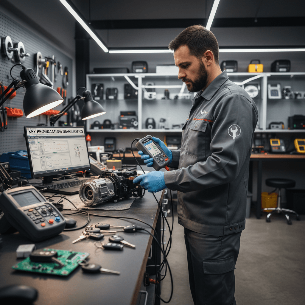 Locksmith performing a diagnostic on an automotive key system in a modern workshop.