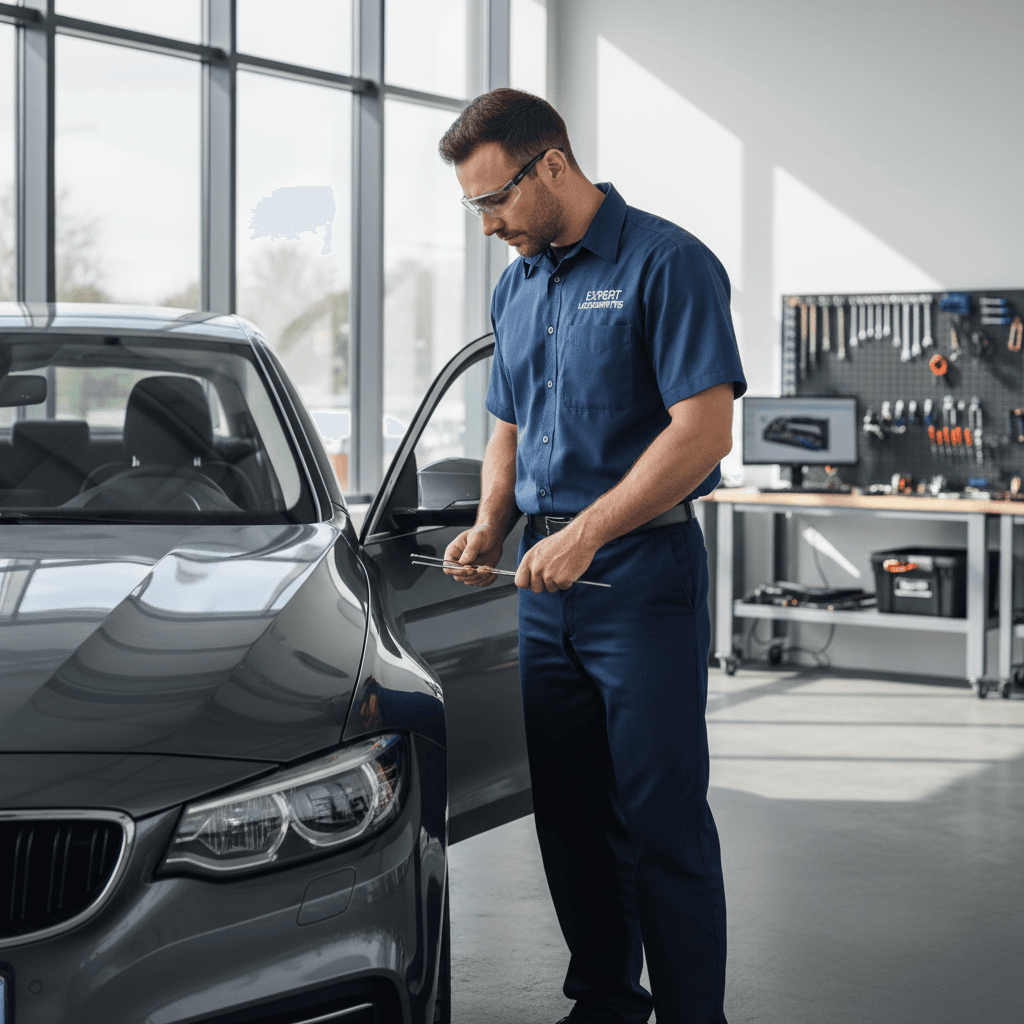 Locksmith professionally unlocking a car door in a bright, modern workshop.