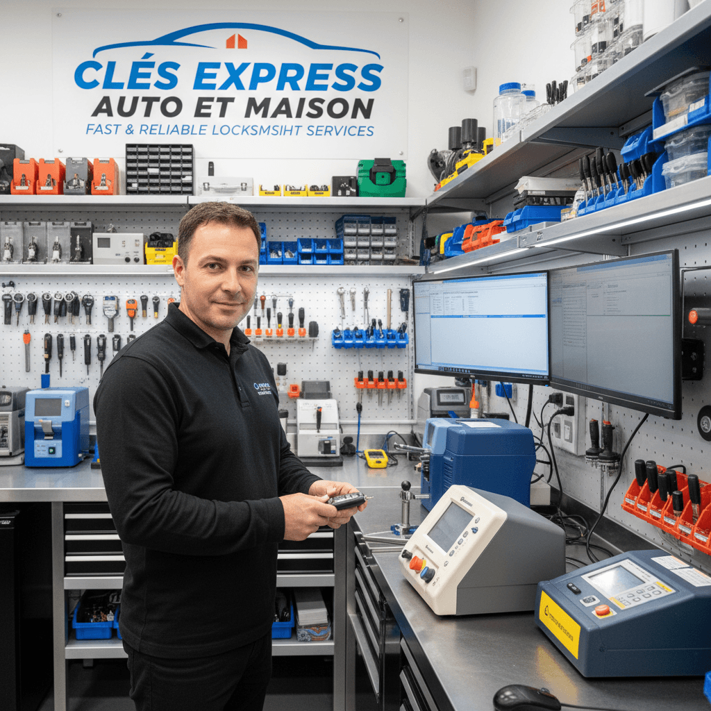 Marc Fontaine, founder of Clés Express Auto et Maison, in a locksmith workshop with tools.