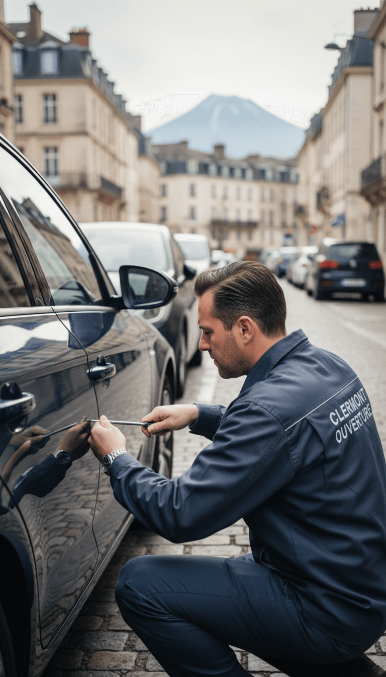 Locksmith unlocking a car door in Clermont-Ferrand, demonstrating professional service.