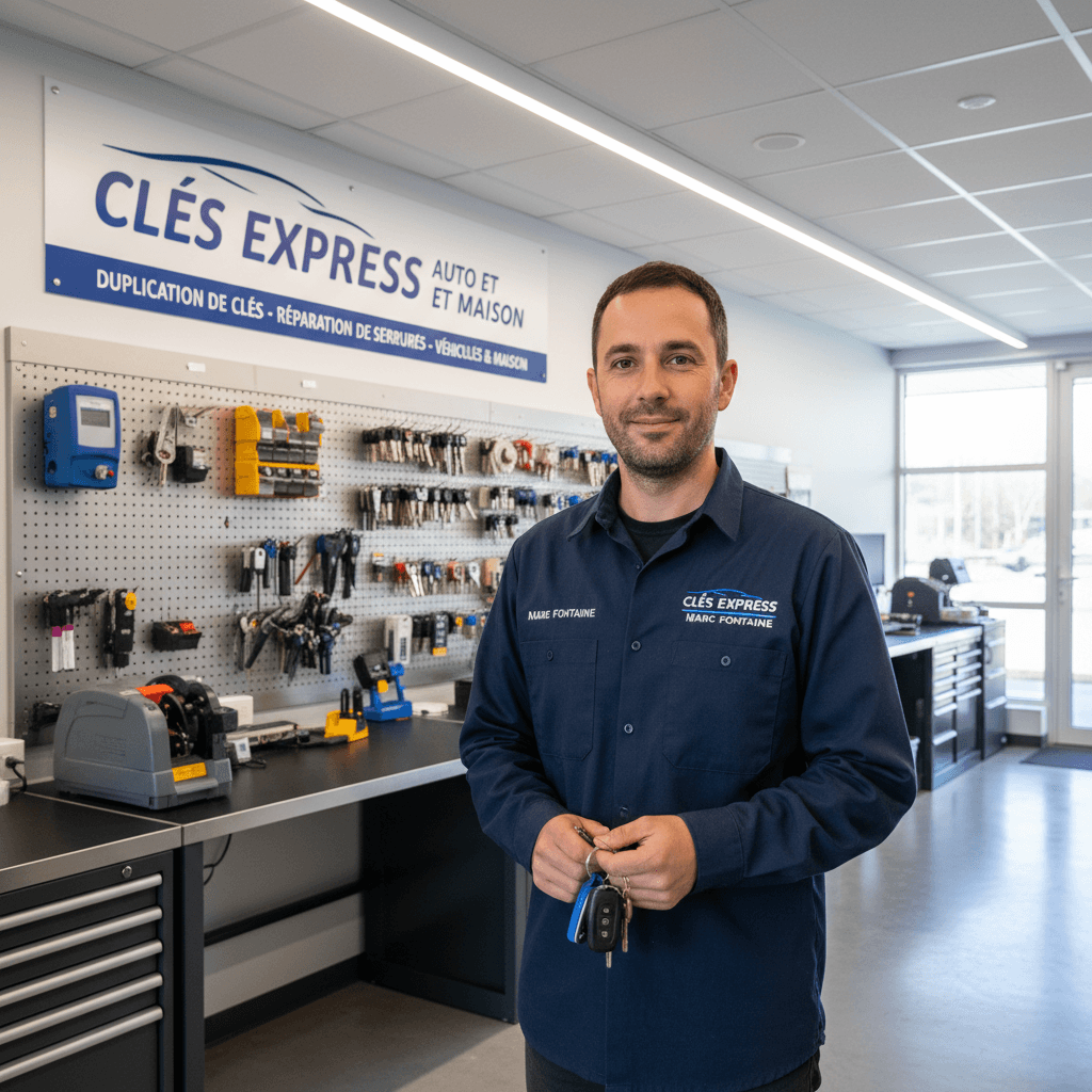 Marc Fontaine, founder of Clés Express Auto et Maison, in a locksmith workshop with tools.
