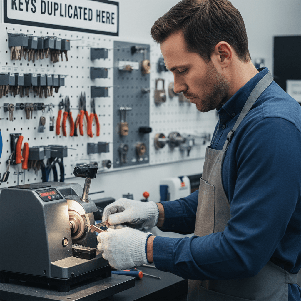 Locksmith duplicating a residential key with precision in a modern workshop