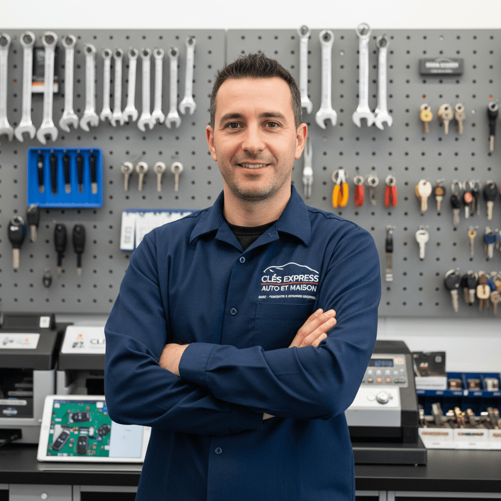 Founder of Clés Express Auto et Maison in a modern workshop with tools and equipment.