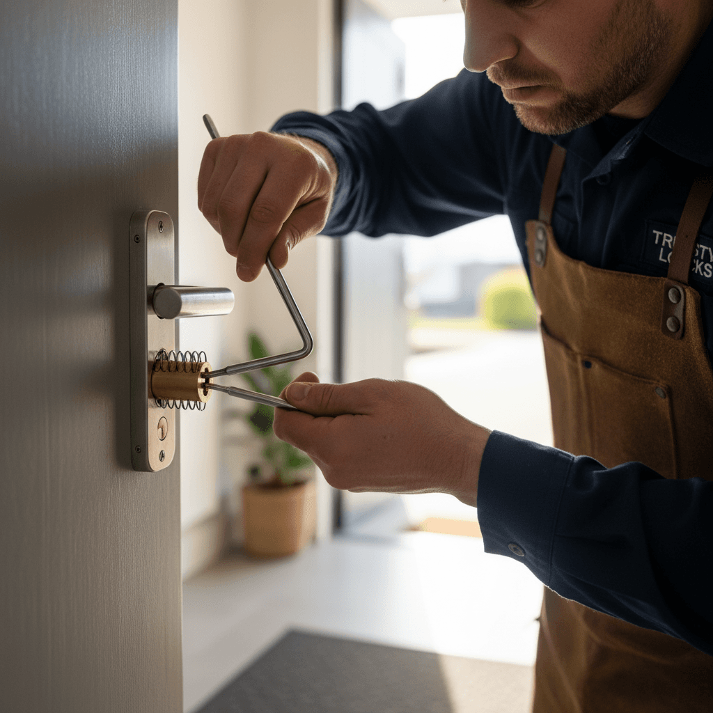 Locksmith's hands skillfully manipulating residential door lock mechanism with precision tools