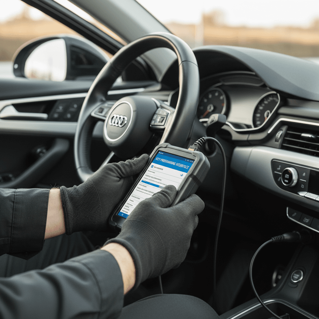 Locksmith technician's hands performing vehicle key programming using diagnostic equipment on car dashboard